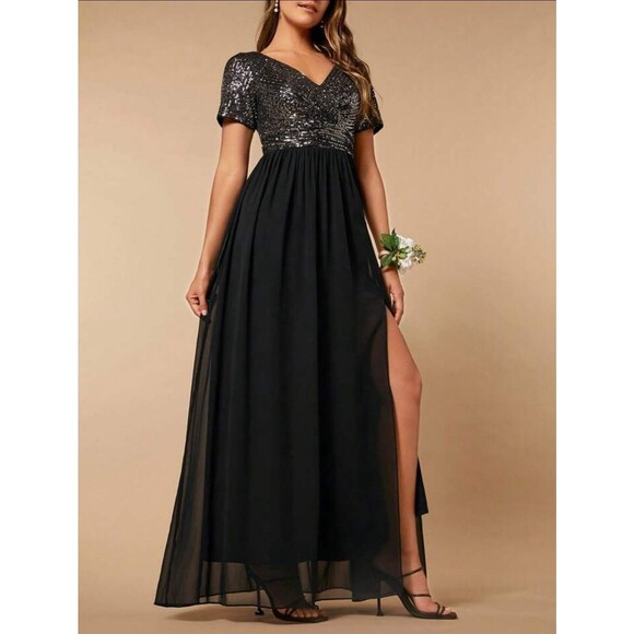 NWT SHEIN Belle Contrast Sequin Split Thigh Chiffon Dress Size Small - Picture 1 of 5